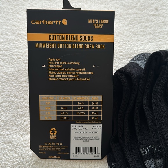 Carhartt Men’s mid weight Cotton blend crew socks, black size 9-11.5 New! - Picture 4 of 8
